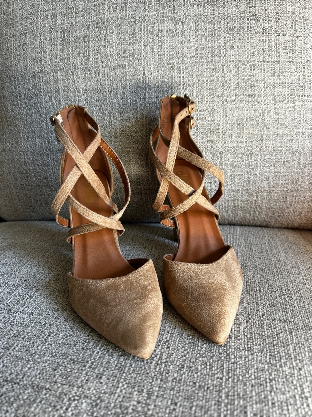 Ollio Tan Suede Pointed-Toe Crisscross Ankle Strap Heels
